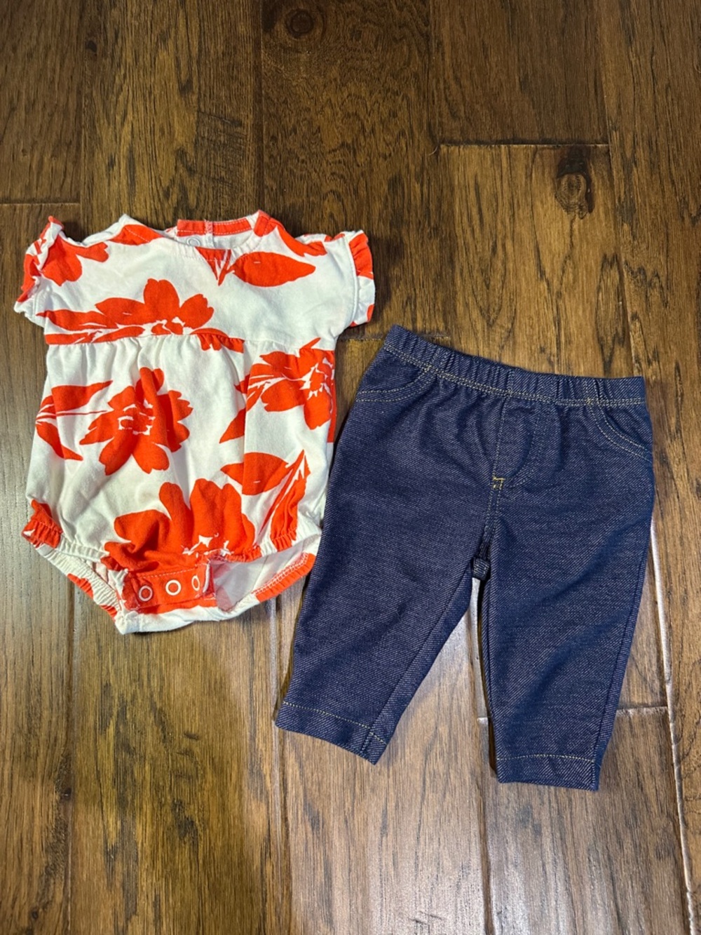 Carter's Orange Floral White Romper with Blue Jegging Pants